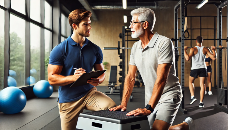 Exercise Physiology professional consulting with older male adult in a gym setting